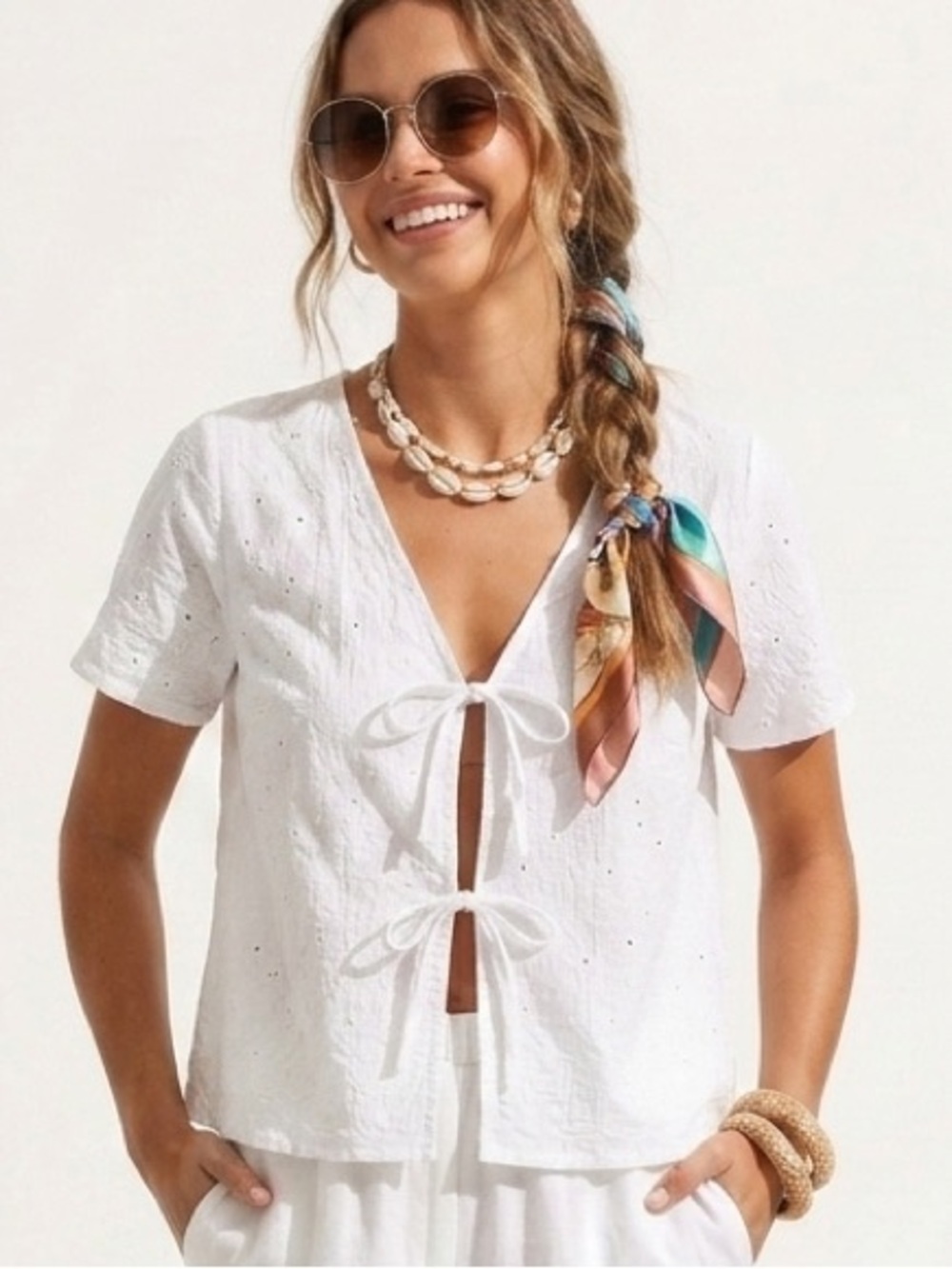 jo.sh White Dotted Swiss Double Tie-Front Blouse Top Small - 607